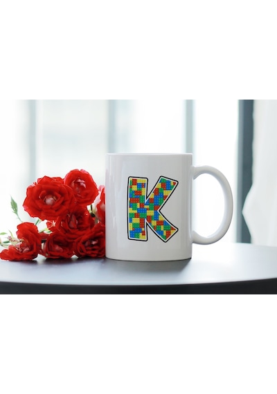 K Harfi Renkli Blok Desenli Kupa Bardak - Lego Tarzı Kişiye Özel Kahve Çay Kupası - Hediye Beyaz