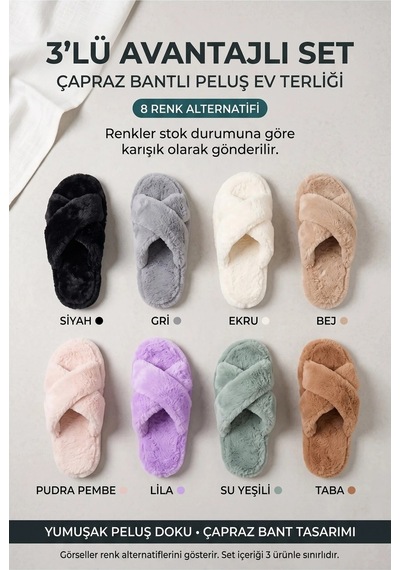 3 Lü Avantajlı Paket Kışlık Peluş Desenli Sessiz Ortopedik Taban Çeyiz Misafir Ev Terliği Seti 3'lü Lori