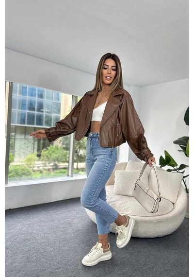 Laleli Butik Kadın Siyah Oversize Deri Ceket Taba Taba