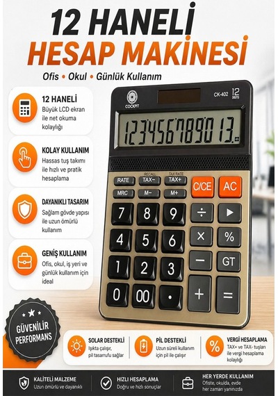 Hesap Makinesi 12x17 Cm 1 Adet Cockpıt Ck-402 12 Haneli Orta Boy Ofis Büro Masaüstü Hesap Makinası İşyeri Siyah