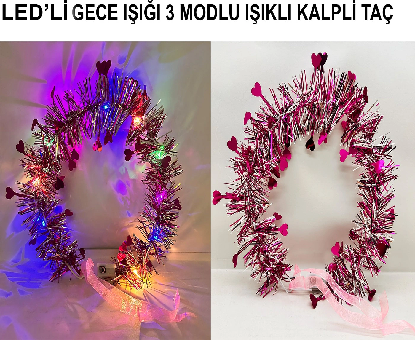 Kalp Püsküllü Gece Parıltısı 3 Modlu Led&amp 39 Li Işıklı Taç Fuşya Renk - Zmff-582123 18