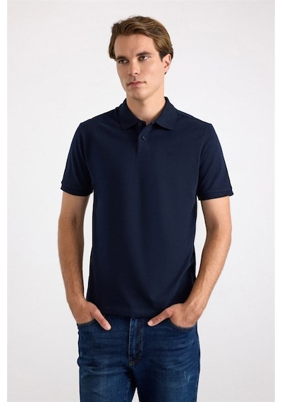 Süvari Lacivert Regular Düz Nakışlı Pike Düğmeli Polo Yaka Tişört Ts1014000473-m09