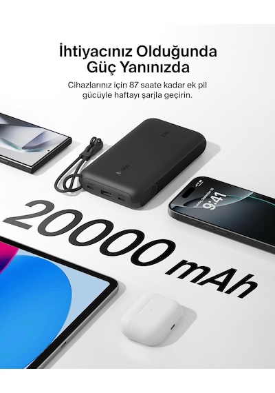 Belkin Boostcharge Power Bank 20000 Mah Display, Pd 20w Usb-c Kablolu Siyah