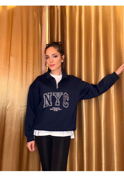 Ali Butik Lacivert Nyc Nakışlı Şardonlu Sweatshirt Lacivert