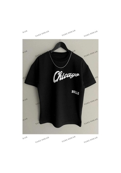 Startmore Unisex Chicago Özel Baskılı Oversize Penye T-shirt Siyah