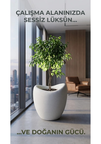 43x45 Cm Beton Dokulu Polyester Amorf Kırık Beyaz Dekoratif Saksı