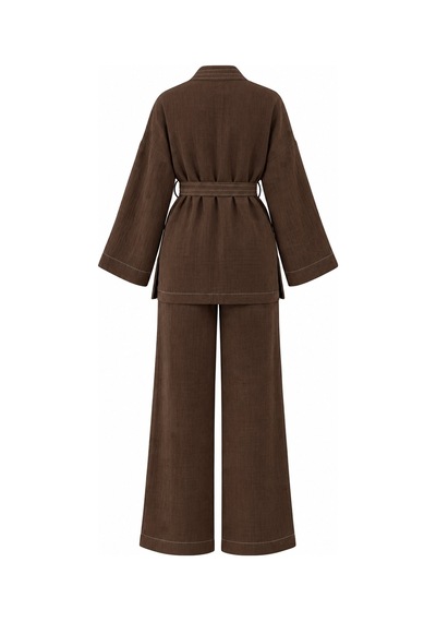Laluvia Kahverengi %100 Pamuk Cepli Kuşaklı Kimono Takım - 2y8491