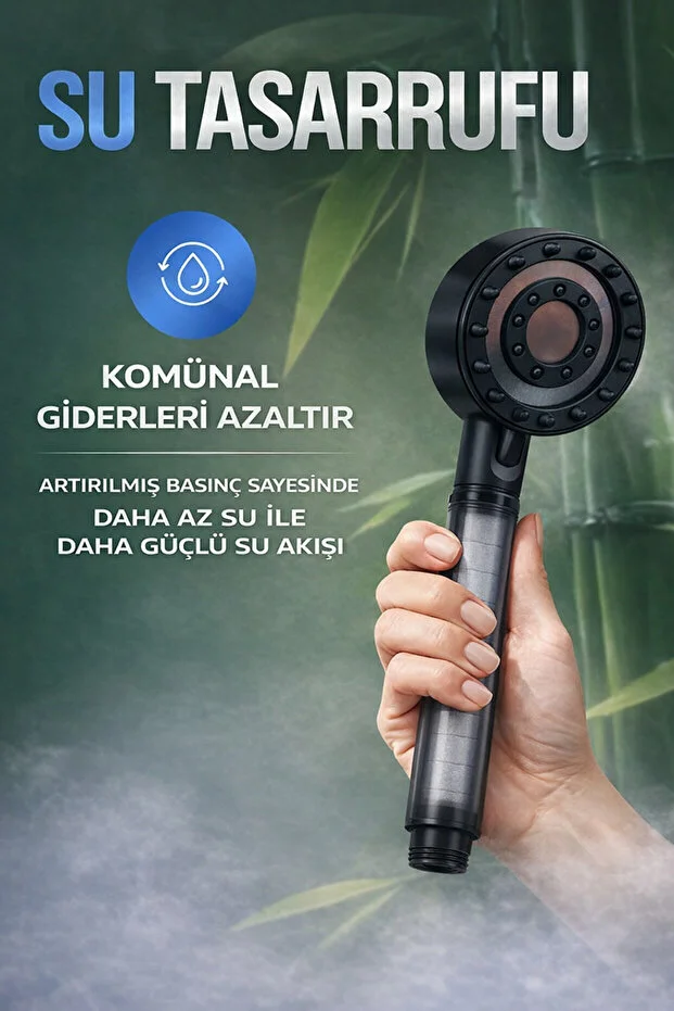Filtreli Duş Başlığı 3 Yedek Filtre Hortum Mafsal Yüksek Basınçlı Siyah