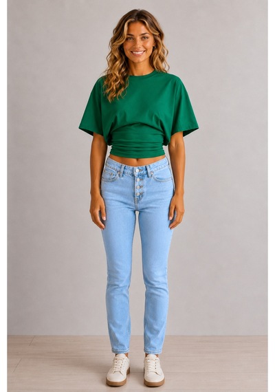 Overmax Bele Oturan Oversize Kollu Premium Crop Bluz Yeşil - 880759104 Yeşil