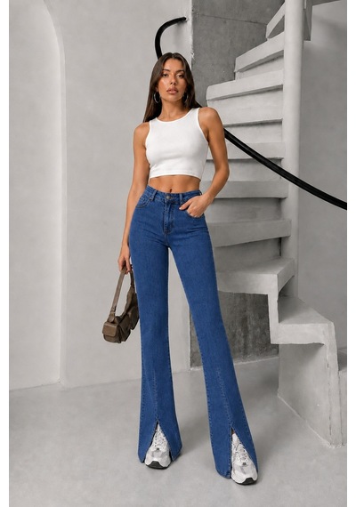 Bluemarlin Mavi Likralı Esnek Paça Yırtmaçlı İspanyol/flare Denim Pantolon Mavi