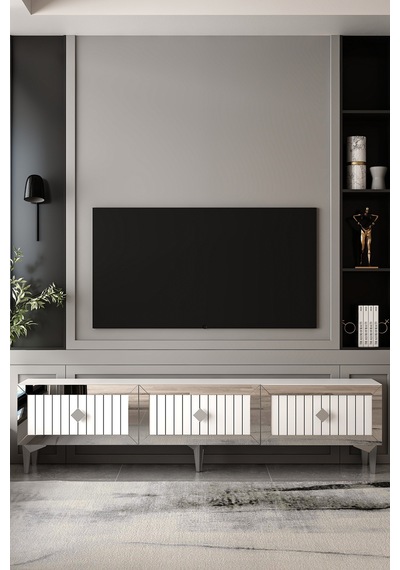 180dhdts4bg Lina 3 Kapaklı Pleksi Lazer Desen Tv Sehpası Beyaz-gümüş