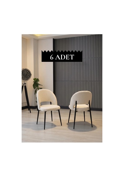 Ay Sandalye 6 Adet - Kalve Kumaş / Siyah Ayak Süt Beyaz Süt Beyaz