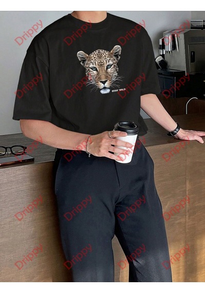 Flood Of Style Leopar Stay Wild Baskılı Oversize Unisex Yıkamalı Tshirt Siyah Flood Of Style Leopar Stay Wild Baskılı Oversize Unisex Yıkamalı Tshirt Siyah