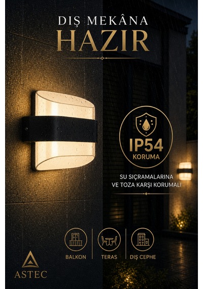 Astec Elit 12w Kavisli Elektrikli Led Duvar Aplik 3200k Gün Işığı İç Dış Mekan Balkon Bahçe Su Toz Geçirmez