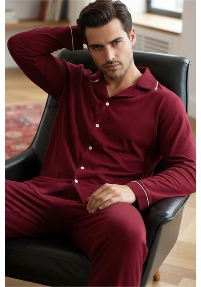 Siyah İnci Erkek Pamuklu Gömlek Yaka Düğmeli Biyeli Pijama Takım Bordo