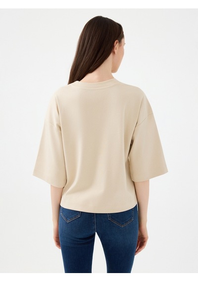 Loose Long Crop Kadın Tshirt K.kol Bej