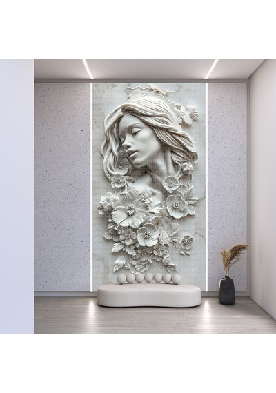 Çiçekler Ve Kadın Rölyefi Poster Duvar Kağıdı Renkli