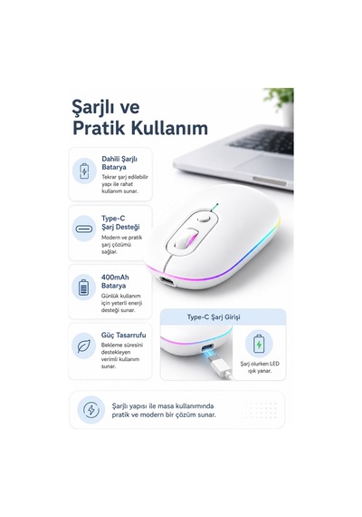 Beyaz Şarjlı Kablosuz Mouse Bluetooth 5.2 + 2.4g Çift Modlu Sessiz Tuşlu Rgb Işıklı 800 1200 1600 Dpı Type-c Şarjlı Ergonomik Mouse Çok Renkli Diğer Beyaz Şarjlı Kablosuz Mouse Bluetooth 5.2 + 2.4g Çift Modlu Sessiz Tuşlu Rgb Işıklı 800 1200 1600 Dpı Type-c Şarjlı Ergonomik Mouse Çok Renkli Diğer