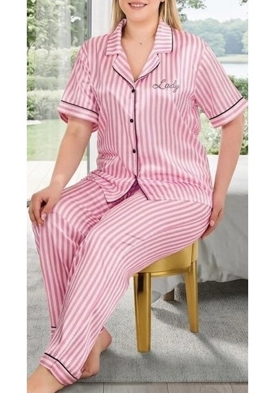 Biçomi Bicomi Büyük Beden Lüks Saten Pijama Takımı Gece Boyu Kusursuz Konfor Ve Zarafet Pembe