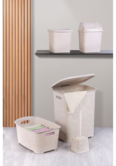 Dantel Desen 5 Parça Banyo Seti Kirli Sepeti Çamaşır Selesi Deterjanlık Wc Fırça Çeyiz Seti Bej