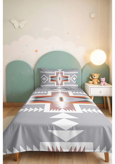 Gri Etnik Geometrik Genç Odası Tek Kişilik Pike Takımı-bohem Beyaz 160x220 Cm Kapitone Yatak Örtüsü Mercansı Kum Tonu
