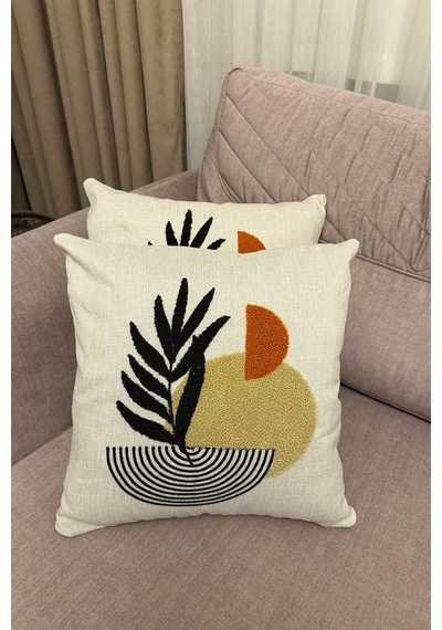 Punch İşlemeli Modern Tasarım Dekoratif 2'li Kırlent Kılıfı Nakışlı Keten 43x43 Cm Çok Renkli