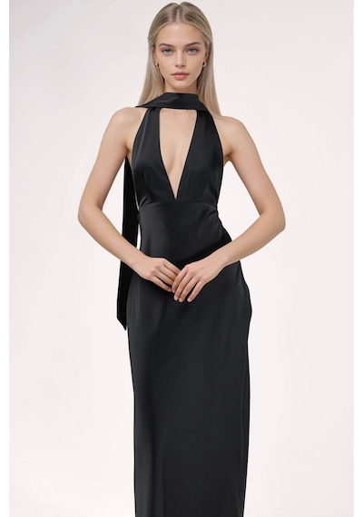 Hiccup V Yaka Bodycon Maxi Elbise Siyah