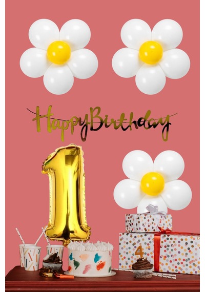 1 Yaş Papatya Temalı Beyaz Sarı Papatya Balon Gold Rakam Gold Banner Doğum Günü Seti Çok Renkli