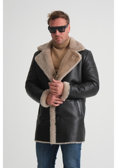 M M Marki Marki Lüks Erkek Deri Kaban, 90 Cm Uzunluk, Hakiki Kürk Yaka, Premium Siyah Dış Yüzey - 500522