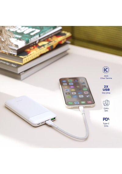 Polosmart Pbs131 10000 Mah Powerbank Type-c Girişli Çift Usb Hızlı Şarj Cihazı Beyaz Beyaz