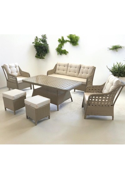 Garden House Alüminyum Kapuçino Rattan Krem Kumaşlı Bahçe Koltuk Takımı 3 1 1 2 Puf Masa Bahçe Mobilyası Krem