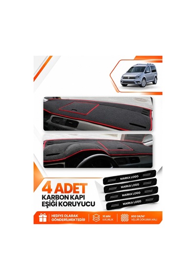 Volkswagen Caddy 2015-2021 Uyumlu Ön Torpido Koruma Kılıfı Halısı Örtüsü - Siyah Kırmızı