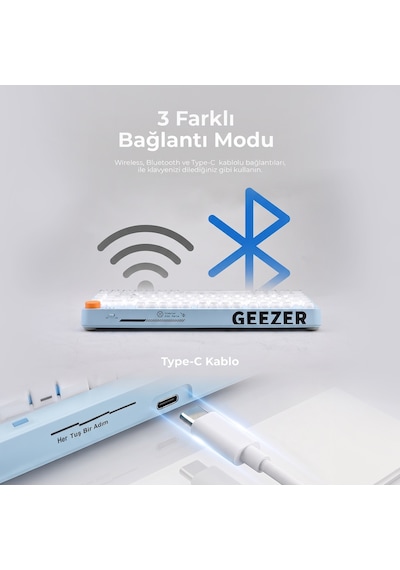 Geezer Crystal Kablolu/kablosuz Bt Wireless Bağlantı Türkçe Q Klavye Mavi-beyaz Sk-710ctm