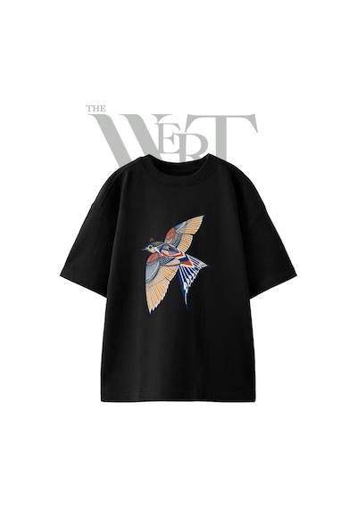 Thewert Patterned Bird Tasarım Baskılı Ünisex Siyah Oversize T-shirt