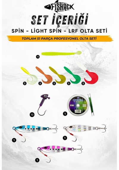 51 Parça Profesyonel Spin Olta Seti - 210cm Kamış 5-35gr / 1000'lik 10bb