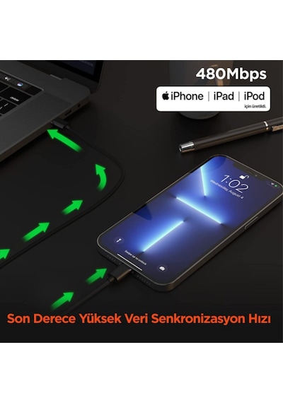 Omars MFI Sertifikalı Type-C to Lightning iPhone / Apple Uyumlu iPad  Örgülü Hızlı Şarj ve Data Kablosu 1 Metre Siyah