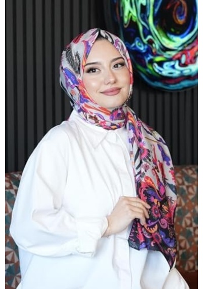 Çiçek Desen Krem Soft Pamuk Şal Violet Açik Gri