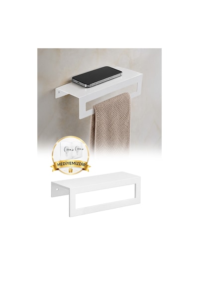 Beyaz Metal Raflı Havlu Askısı Telefon Koyma Duvar Havluluk Banyo Organizer 27 Cm Diğer