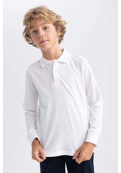 Defacto L0288a6-fw Erkek Çocuk Uzun Kollu Polo Yaka T-shirt L0288A6-R1098 Beyaz