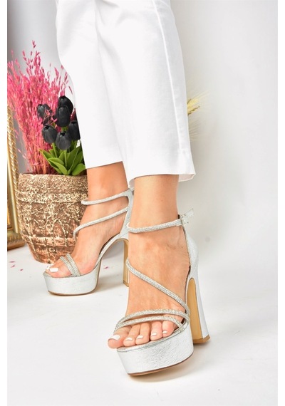 Fox Shoes Gümüş Sim Platform Kalın Topuklu Kadın Ayakkabı M348202614 Gümüş