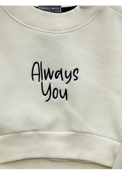 Kız Çocuk Üç İplik Şardonlu Always Yazılı Crop Sweatshirt-14377 KREM