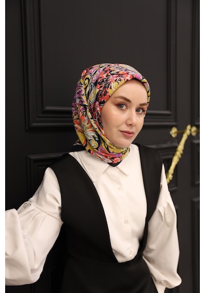Silk Home Olinda İpek Eşarp 47002-31 Koyu Lacivert, Yağ Yeşili, Beyaz, Turuncu