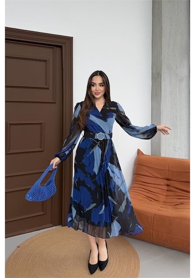 Neşeli Butik Kadın Mavi Beli Kemerli Piliseli Kruvaze Yaka Şifon Elbise Nbelb03 Mavi