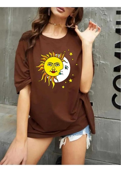 Kozia Outdoors Malkoçbey Ay Güneş Baskılı T-şhirt Kahverengi Kahverengi