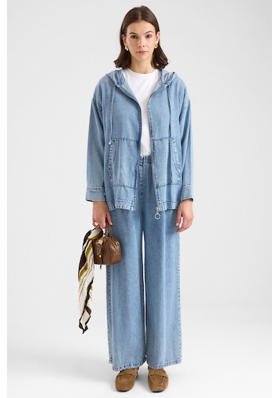 Olcay Fermuar Kapamalı Kapüşonlu Soft Denim Ceket Pantolon İkili Takım Açık Mavi 9402-tk