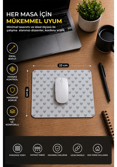Gri Renkli Kalpli Desenli Ergonomik Mouse Pad, Kaymaz Yüzey İle Ev Ve Ofis Kullanımı İçin İdeal