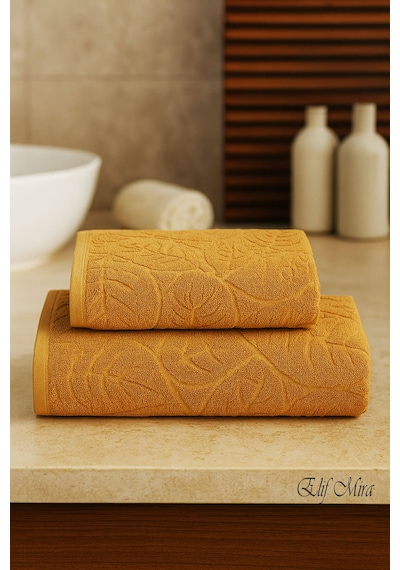 Banyo & Yüz Havlusu Seti Dokulu %100 Pamuk 90x150 + 50x90 Cm Foliva Hardal