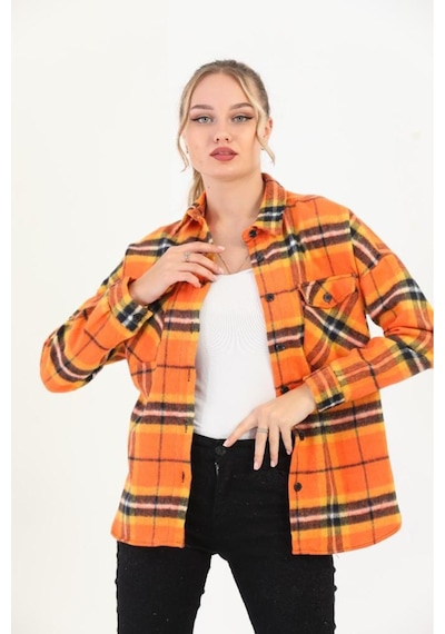Polologin Butik Turuncu Siyah Ekose Oversize Cepli Oduncu Gömlek / Ceket Turuncu