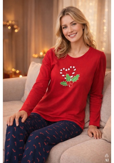 Koza İç Giyim Kadın Soft Touch Pamuklu Uzun Kollu Basic Ayıcık Desenli Pijama Takımı Kk30119 Kırmızı - Lacivert