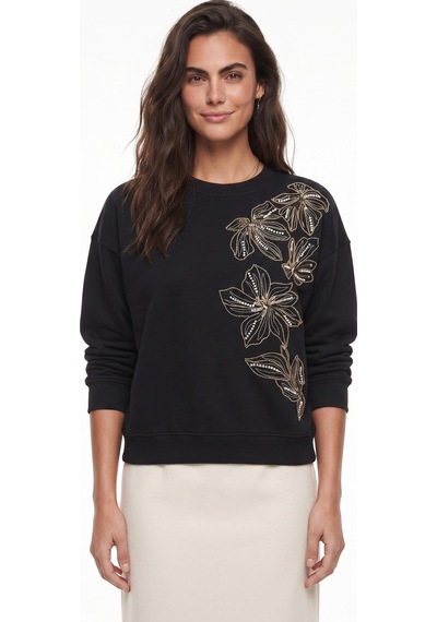 Onloox Kadın Siyah Siyah Pamuklu Esnek Bisiklet Yaka Relaxed Form Çiçek Boncuk İşlemeli Sweatshirt